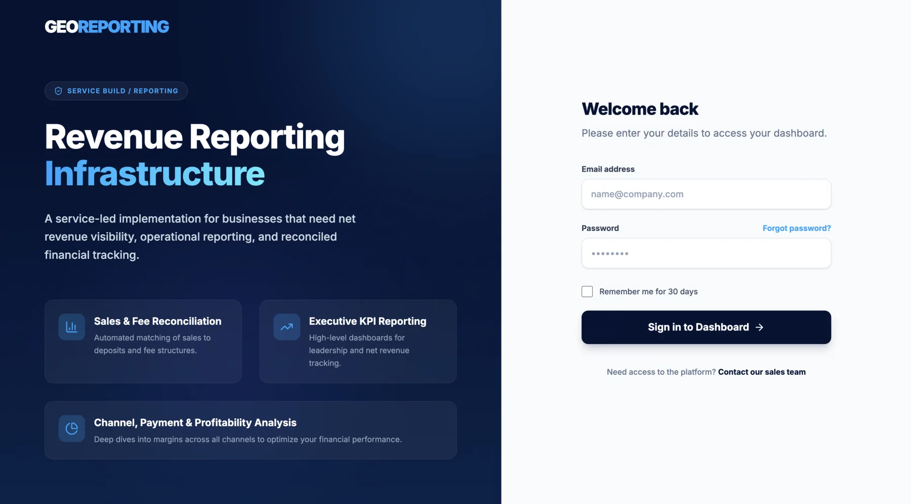 GeoReporting reporting dashboard and secure login interface