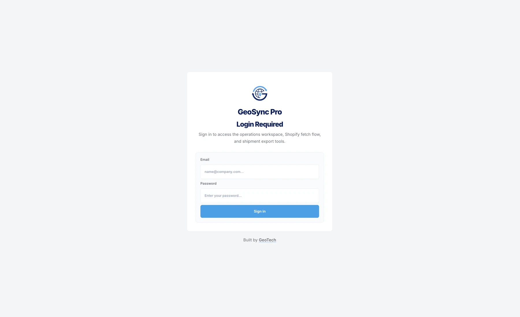 GeoSync Pro login screen and operations workspace preview