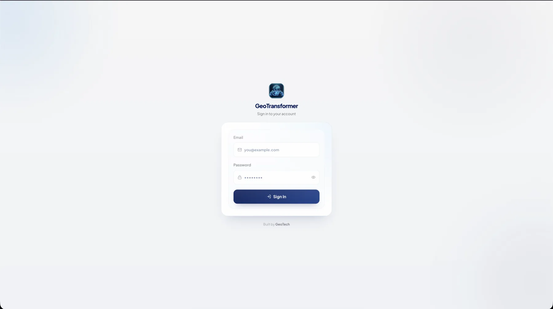 GeoTransformer login screen and logistics transformation workspace preview