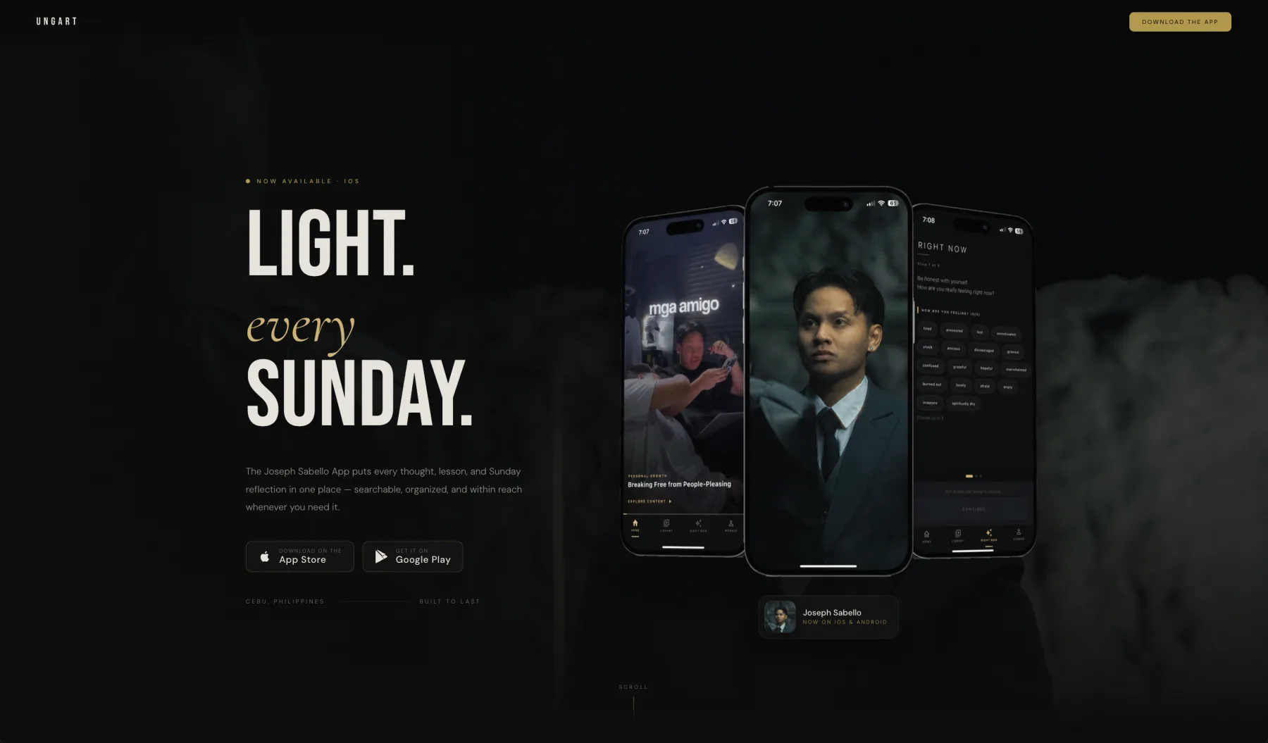 Joseph Sabello website hero with app screens and store download buttons