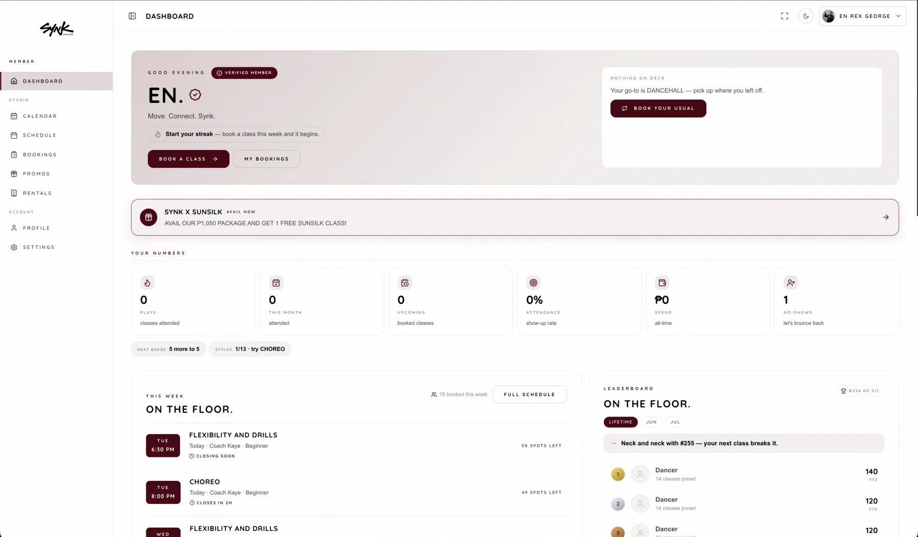 SYNK Portal member dashboard with schedule, stats, and leaderboard